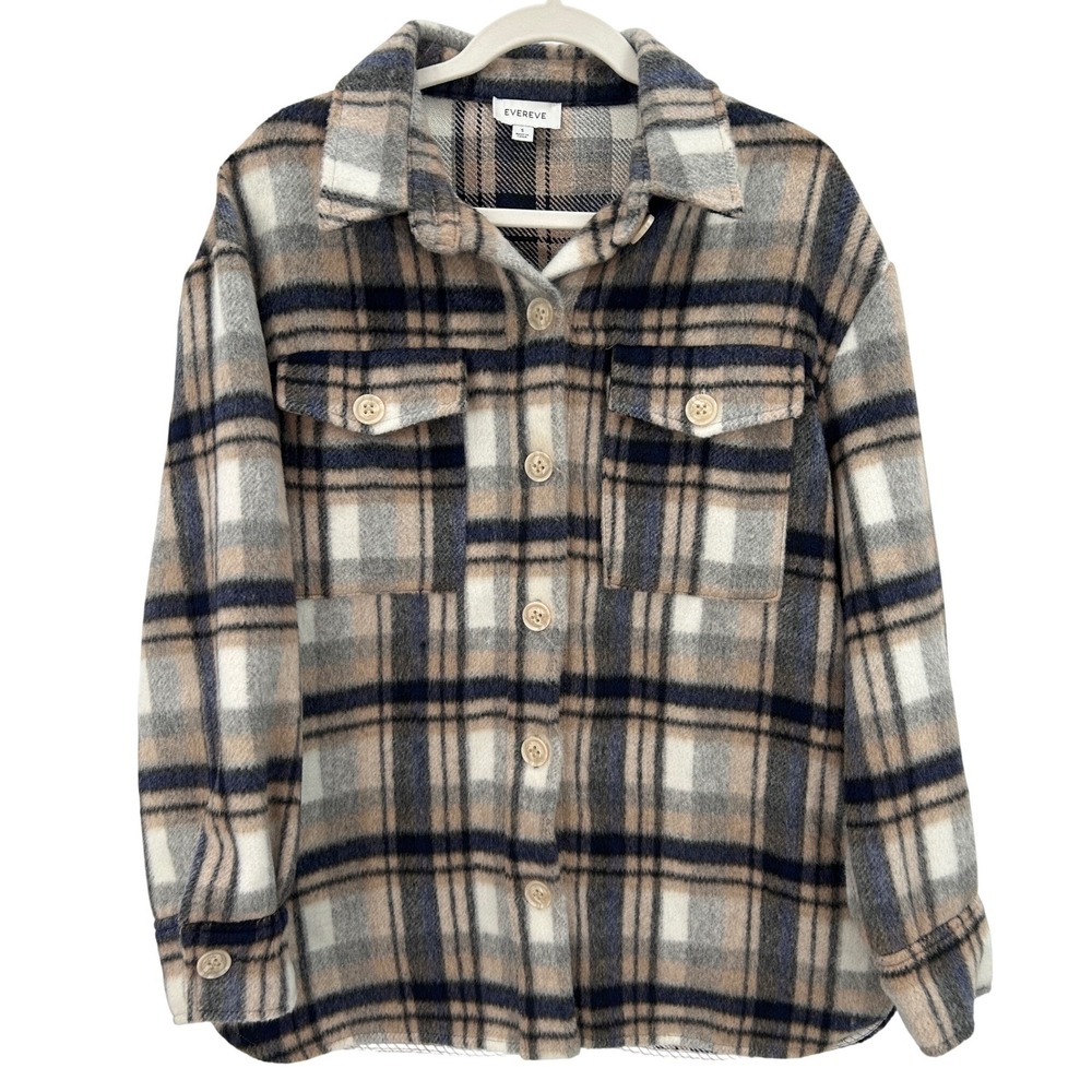 Evereve Womens Plaid Shacket Jacket Tan Button Sz Small Normcore Granola Neutral
